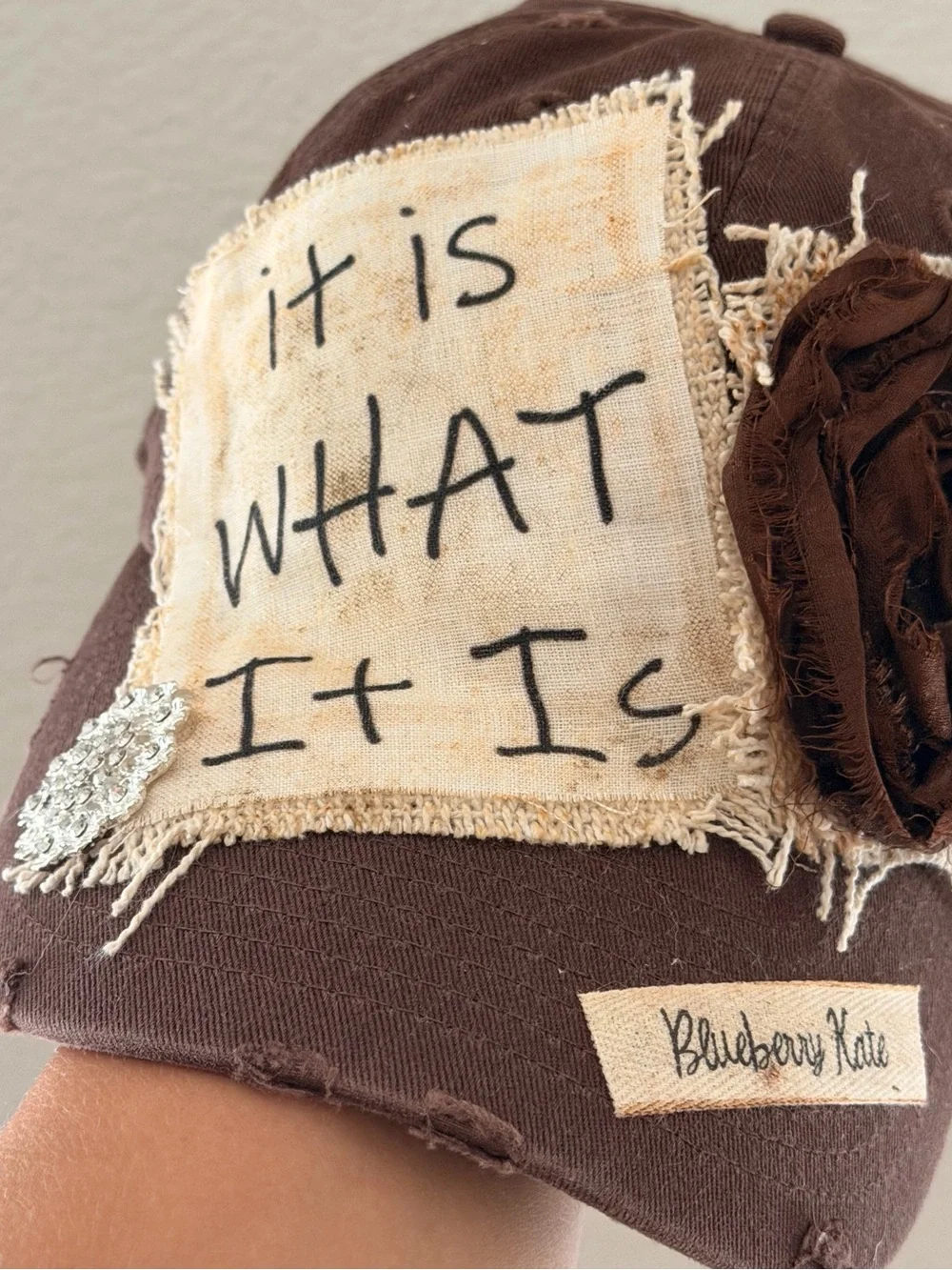New Women’s Brown Cap with Patch & Flower Decorated by Blueberry Kate